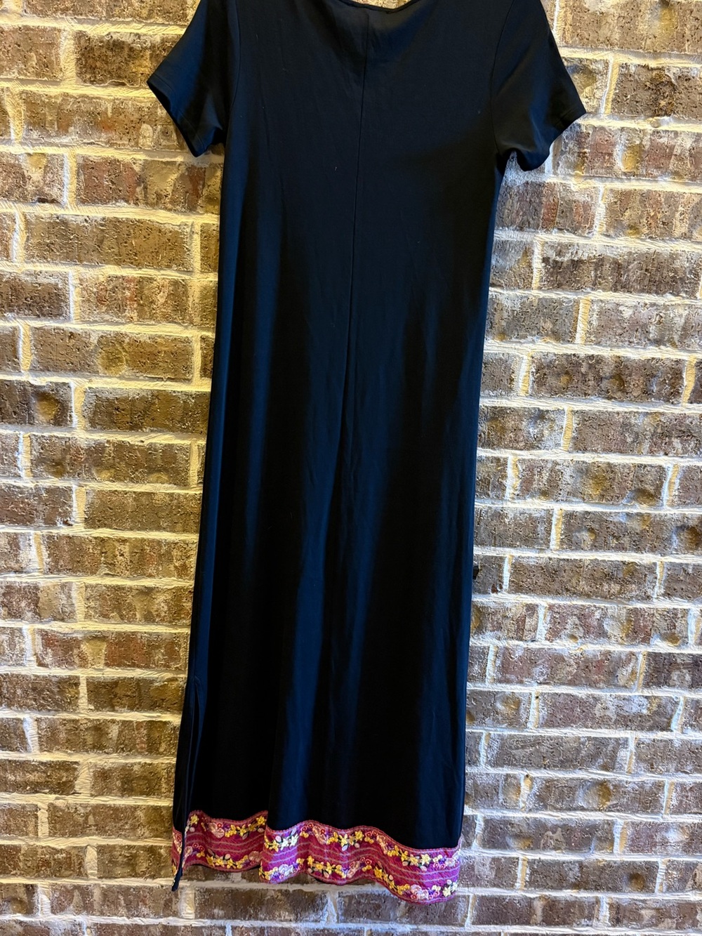 Joan Vass black Maxi Knit dress. Classic design and exquisite embroidered hem.XL